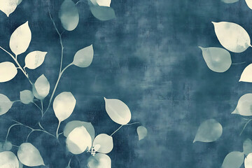 Watercolor painting of leaves on branches against a textured blue background in an abstract style