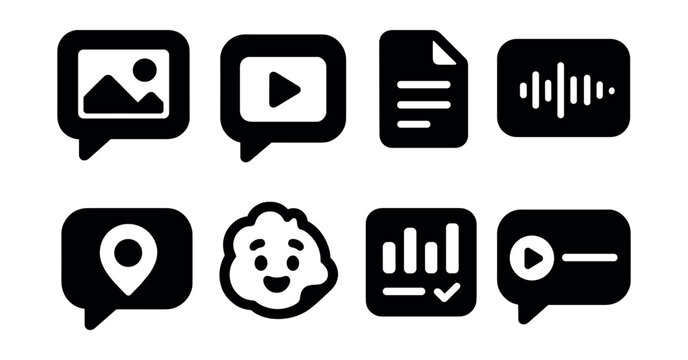 Solid style icons of multimedia in messages: image in chat bubble, video thumbnail bubble, file icon in message, audio wave icon, location in bubble, sticker icon, poll icon, voice message play.