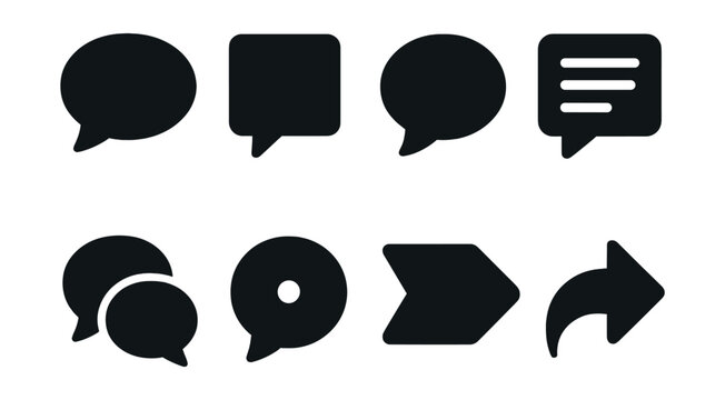 Solid style icons of basic message bubbles: rounded chat bubble, square message bubble, speech balloon icon, text line in bubble, double bubble stack, bubble with dot, sent message icon, reply arrow.