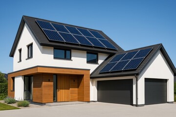Fototapeta premium Modern home with solar panels showcasing sustainable living under a clear blue sky Generative AI
