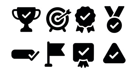 Solid style icons of success indicators: trophy check, goal completed, milestone badge, medal with check, progress bar finished, flag reached, mission accomplished, success alert.