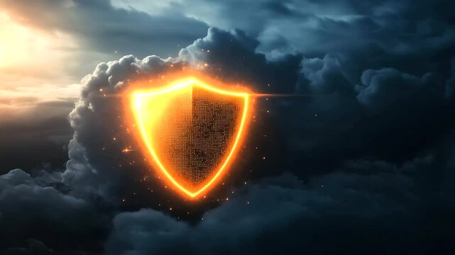 A radiant, blazing shield floating against a backdrop of dark clouds and rogue digital agents, symbolizing strong and unyielding cyber defense.