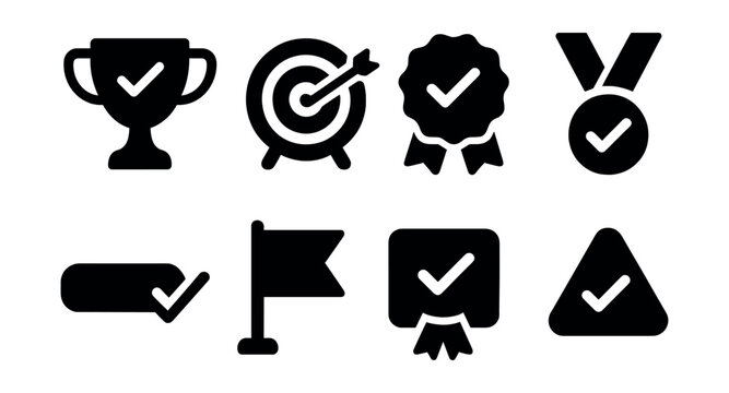 Solid style icons of success indicators: trophy check, goal completed, milestone badge, medal with check, progress bar finished, flag reached, mission accomplished, success alert.