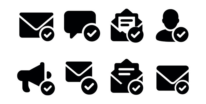 Solid style icons of email and communication: email with tick, message delivered icon, read confirmation, contact approved, outreach accepted, verified email thread, inbox with check, newsletter