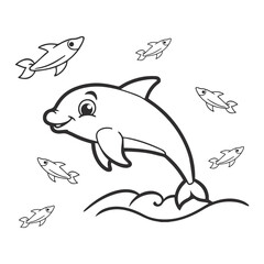 Cute Cartoon Dolphin and Fish Swimming – Black and White Simple Line Art Vector