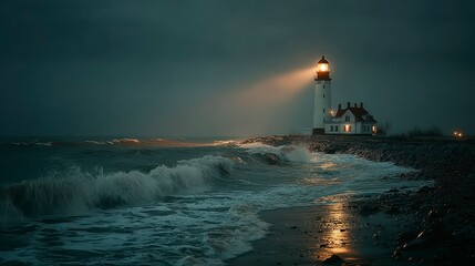 Illuminated beacon guiding through stormy seas casting light over waves and rocky shore ideal