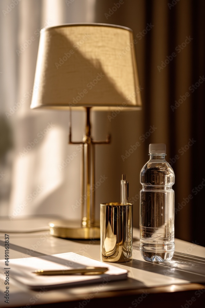 Poster desk lamp and water bottle on table with notebook, representing hydration and focus for productivity