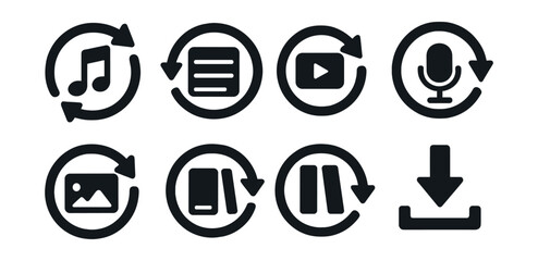Solid style icons of multimedia content refresh: music sync icon, playlist refresh, video feed update, podcast auto-refresh, content stream reload, gallery update badge, audio library sync, media