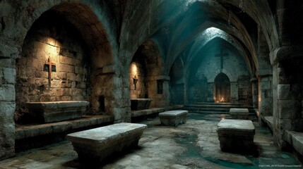 Obraz premium Illuminated Ancient Crypt with Stone Benches and Crosses Gothic Architecture Spiritual Sanctu