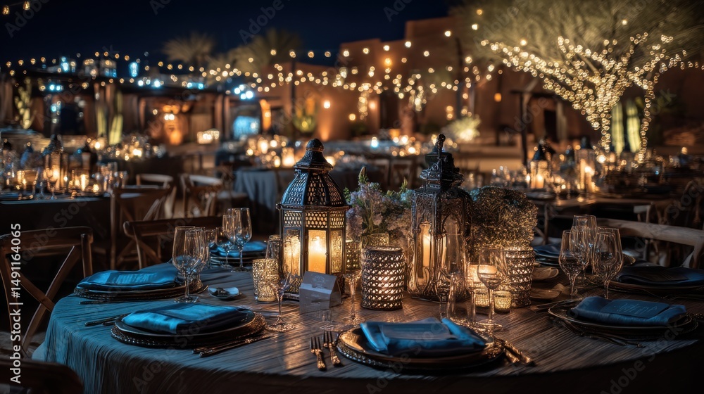 Poster Elegant Table Setting with Lanterns and String Lights at Night, Representing Hospitality and Celebration for Event Planners and Destination Weddings : Generative AI
