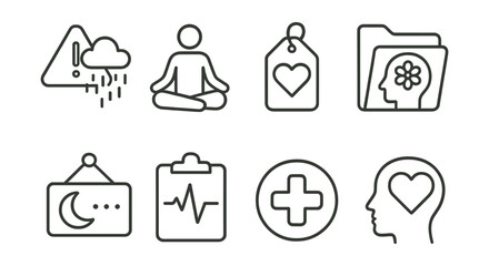 Line style icons of mental wellness reminders: stress-relief alert icon, meditate reminder badge, calm down tag, mindfulness practice file, relaxation time board, deep breath chart, wellness bubble,