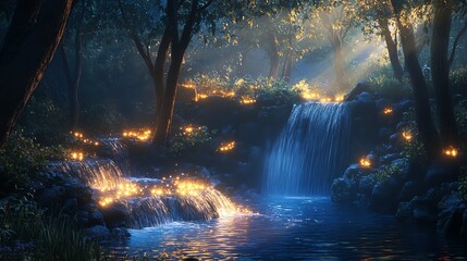 The stock photo showcases a magical forest illuminated by glowing plants and a concealed water source.