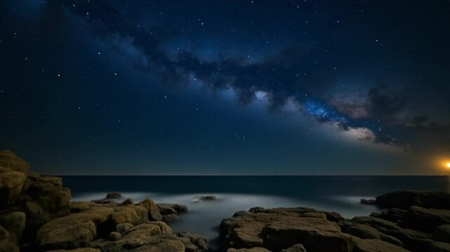 The Majestic Night Sky. A Celestial Tapestry of Stars Above Twinkling Rocks