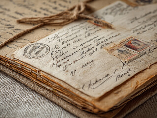 Fototapeta premium Vintage Handwritten Letters and Postcards: Antique Sealed Stamps on Nostalgic Paper for Historical Archive and Collectible Stationery Background