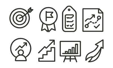 Line style icons of goal setting for growth: target icon, goal marker badge, task tracker tag, success map file, achievement board, milestone chart, personal goals bubble, ambition symbol.