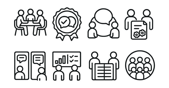 Line style icons of peer learning: study group icon, peer review badge, discussion circle tag, student collaboration file, feedback exchange board, partner task chart, collaborative study bubble,