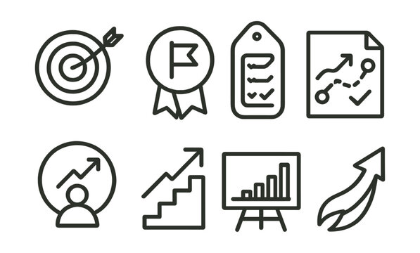 Line style icons of goal setting for growth: target icon, goal marker badge, task tracker tag, success map file, achievement board, milestone chart, personal goals bubble, ambition symbol.
