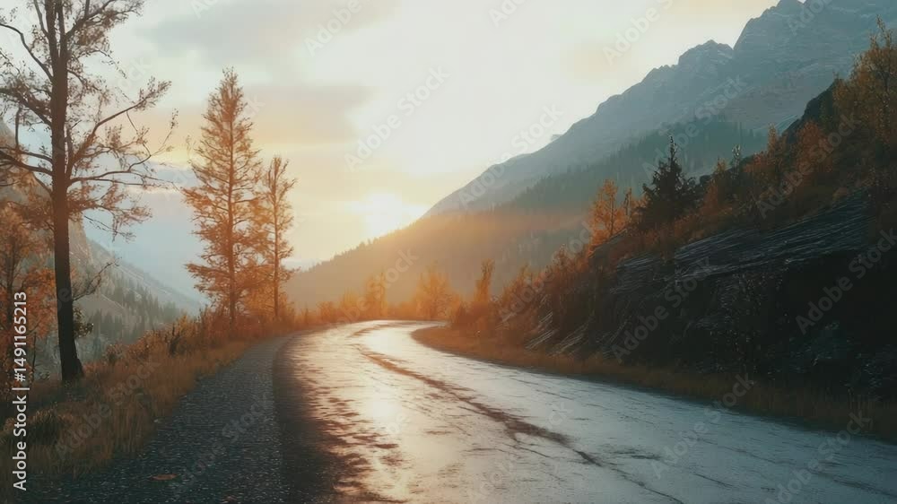 Poster a serene sunset scene on a mountain road with a gradient of colors in the sky and a winding road bel