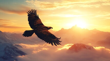 Obraz premium A majestic bald eagle soars powerfully above a dramatic mountain range at dawn.