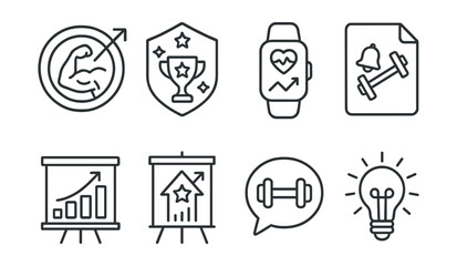 Line style icons of workout motivation: gym goal icon, workout challenge badge, fitness tracker tag, exercise reminder file, progress tracker board, motivational quote chart, fitness goal bubble,