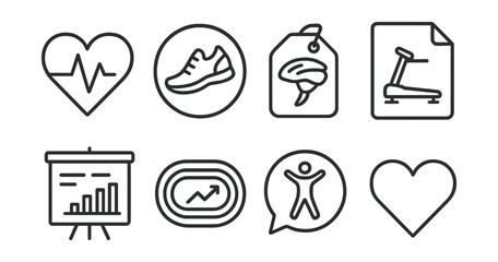 Line style icons of cardio workouts: heart rate icon, running shoes badge, cycling helmet tag, treadmill workout file, HIIT session board, running track chart, cardio exercise bubble, heart health