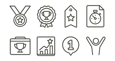 Line style icons of athletic achievements: gold medal icon, trophy badge, performance award tag, winning time file, championship board, achievement chart, top finisher bubble, sports victory symbol.