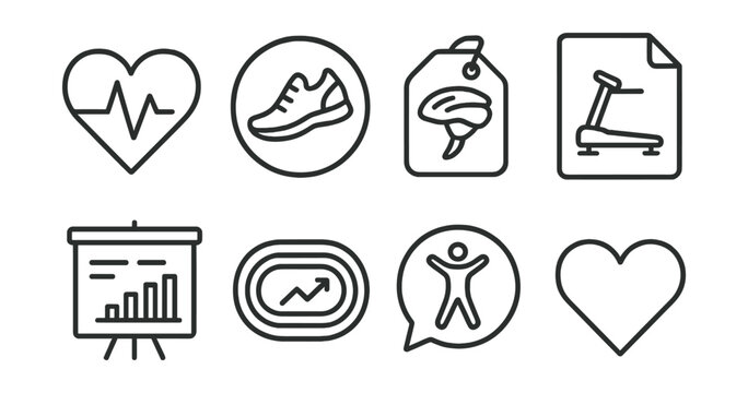 Line style icons of cardio workouts: heart rate icon, running shoes badge, cycling helmet tag, treadmill workout file, HIIT session board, running track chart, cardio exercise bubble, heart health