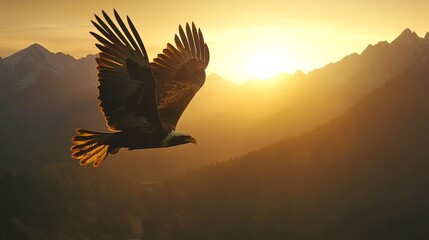 A majestic bald eagle soars powerfully above a vast mountain range at dawn.