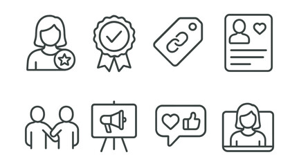 Line style icons of social media influencers: influencer icon, brand ambassador badge, sponsored collaboration tag, influencer post file, partnership chart, promotion share board, engagement bubble,