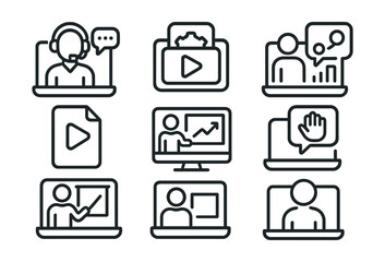 Line style icons of online training: virtual training icon, video tutorial badge, webinar tag, e-learning file, online platform board, remote session chart, digital interaction bubble, online