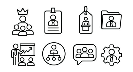 Line style icons of leadership training: leadership icon, manager badge, executive session tag, leadership development file, team management board, strategic leadership chart, group guidance bubble,