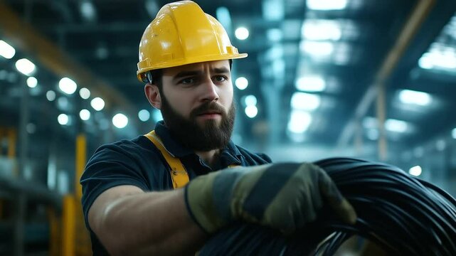 An electrician wearing heavy-duty gloves and a yellow hard hat, carefully handling a thick electrical cable in a well-lit workshop.