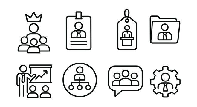 Line style icons of leadership training: leadership icon, manager badge, executive session tag, leadership development file, team management board, strategic leadership chart, group guidance bubble,