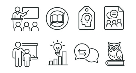 Line style icons of knowledge sharing: lecture icon, knowledge transfer badge, expert advice tag, group discussion file, mentorship board, shared ideas chart, knowledge exchange bubble, wisdom symbol