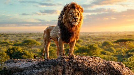 A majestic lion stands proudly on a rock in the African savanna.