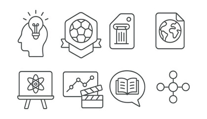 Line style icons of quiz categories: general knowledge icon, sports quiz badge, history quiz tag, geography quiz file, science quiz board, entertainment chart, literature bubble, topic-based symbol.