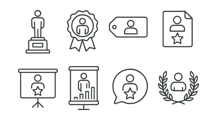 Line style icons of lifetime achievement trophies: career trophy icon, legacy award badge, lifetime service tag, exceptional contribution file, long-term achievement board, career recognition chart,
