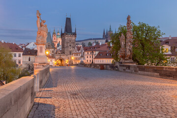 Charles Bridge at dawn in Prague, Czech Republic