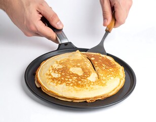 Pancakes cooking pancakes in a pan with spatulas on white backdrop, flatlay, studio shot