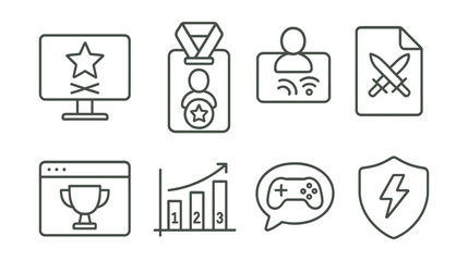 Line style icons of online competitions: digital contest icon, virtual event badge, online player tag, online challenge file, web competition board, leaderboard chart, digital game bubble, e-sports