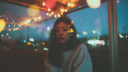 Obraz premium Young Asian Woman in Cozy Cafe at Night