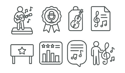 Line style icons of music competitions: musical performance icon, vocal contest badge, instrumental challenge tag, music exam file, talent show board, score chart, performance results bubble, musical