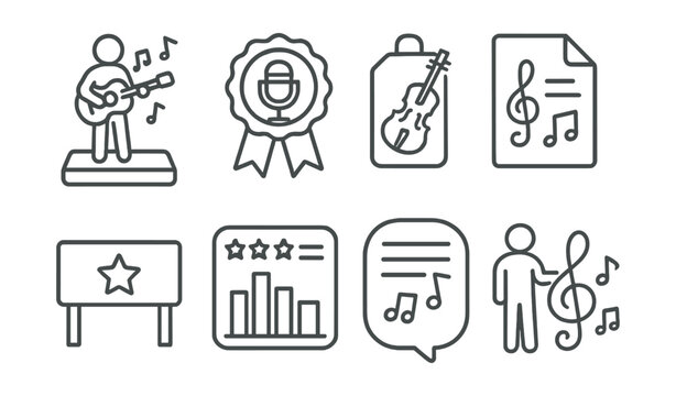 Line style icons of music competitions: musical performance icon, vocal contest badge, instrumental challenge tag, music exam file, talent show board, score chart, performance results bubble, musical