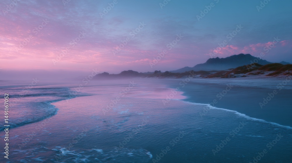 Poster pastel beach at dusk with mountains in the distance, evoking tranquility and coastal getaways : gene