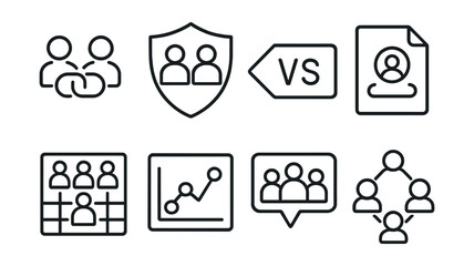 Line style icons of multiplayer games: co-op icon, team battle badge, competitive tag, online match file, player grouping board, ranking chart, leaderboard bubble, multiplayer symbol.