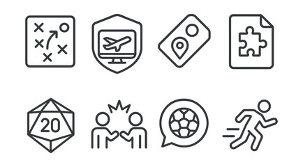 Line style icons of game genres: strategy icon, simulation badge, adventure tag, puzzle file, role-playing board, fighting chart, sports game bubble, action genre symbol.