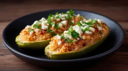 Two stuffed zucchini boats on a black plate. the zucchinis are stuffed with a mixture of rice, meat, and vegetables, and topped with crumbled feta cheese and garnished with fresh cilantro.