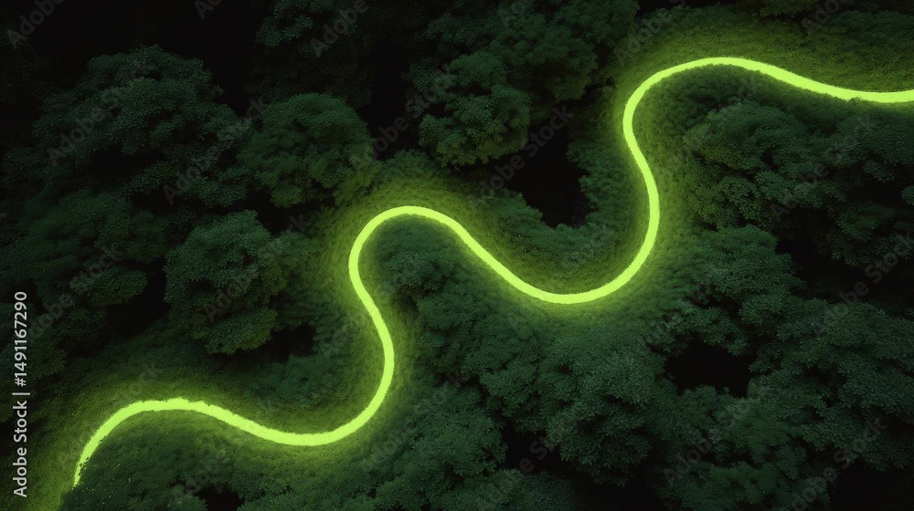 Poster aerial view of a winding road in the middle of a forest. the road is made up of two curved lines tha