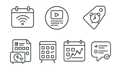 Line style icons of stream schedules: stream calendar icon, episode schedule badge, event reminder tag, weekly plan file, streaming time board, calendar chart, stream date bubble, planning symbol.