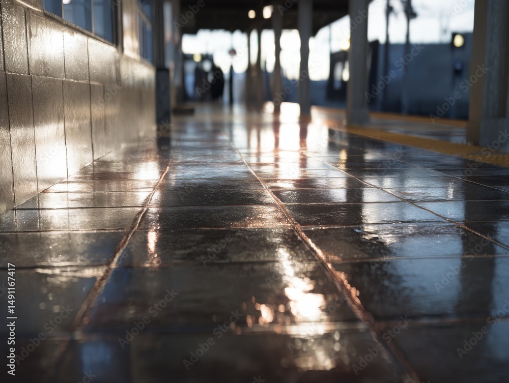 Poster wet tiled floor reflecting sunlight in train station, showcasing urban commute and infrastructure in